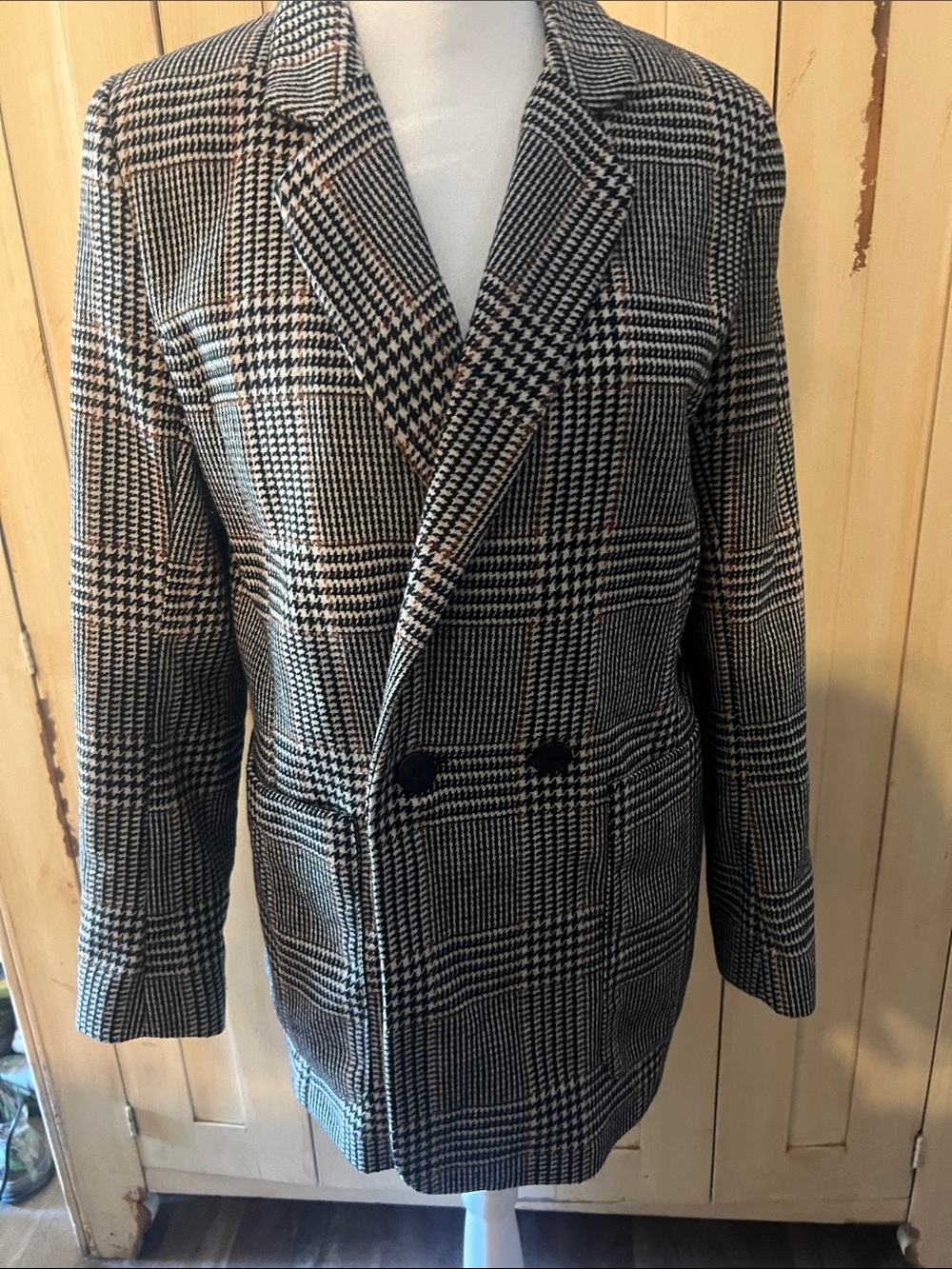 H&M Black and White Glen Plaid Double-Breasted Blazer
